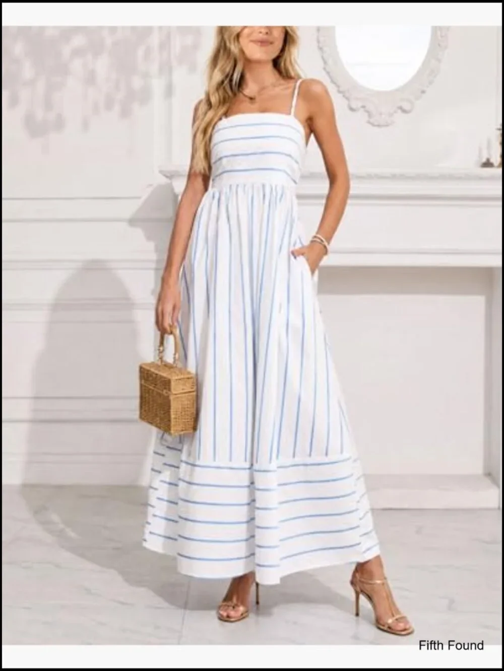 Women's Striped Back Smocked Maxi Dress Spaghetti Strap Cut Out Swing Long - Picture 5 of 6